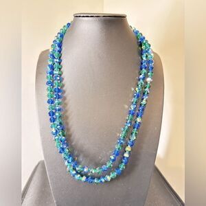 22” Blue green crystal Aurora Borealis double stranded necklace!